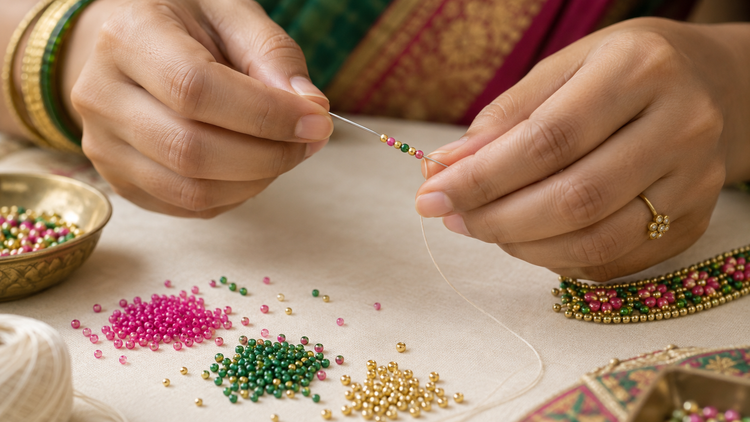 Hands threading tiny beads